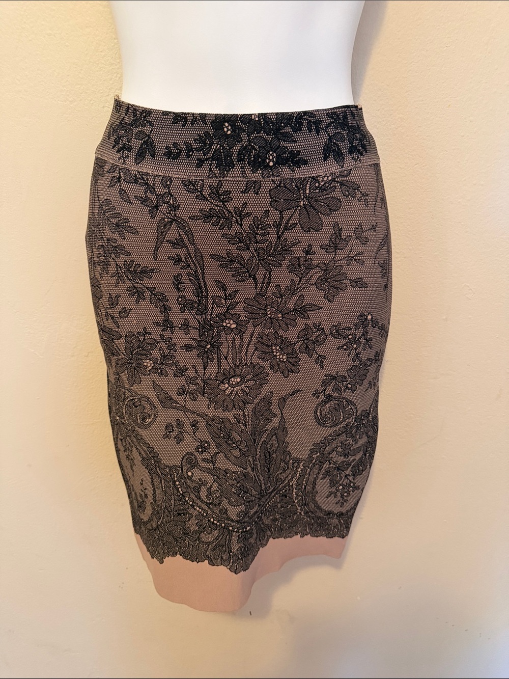 BCBGMaxAzria Black Lace Pencil Skirt over Nude